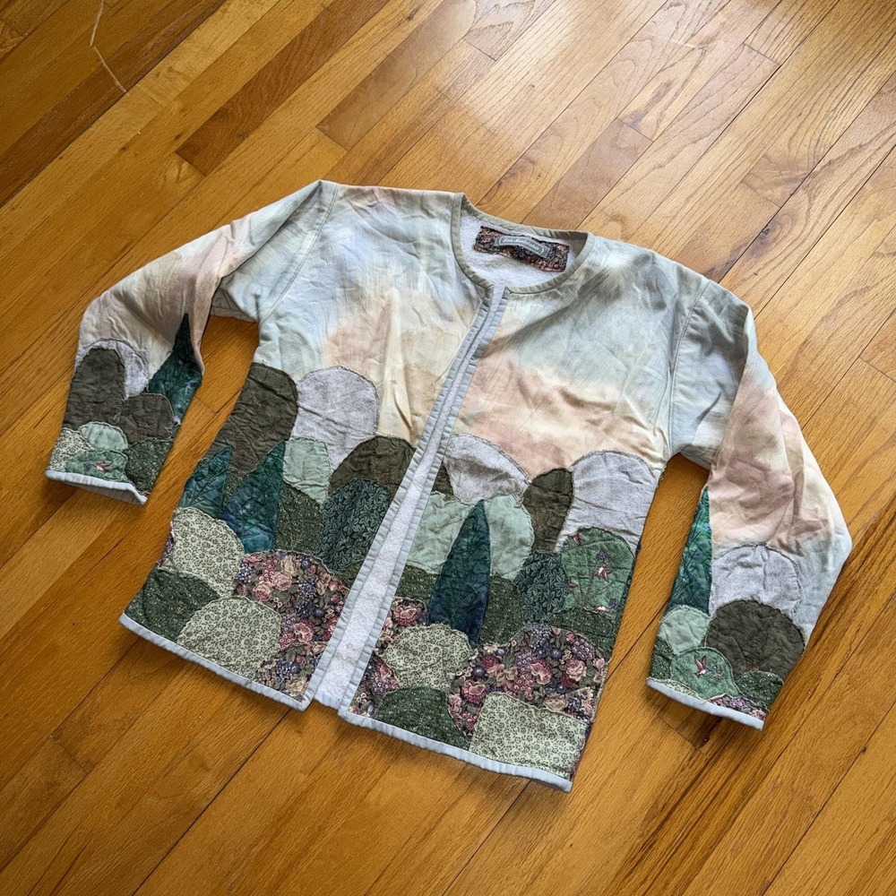 Vintage Jacket Multicolor Quilted Landscape Art To Wear Floral Cottagecore M* - Picture 5 of 11